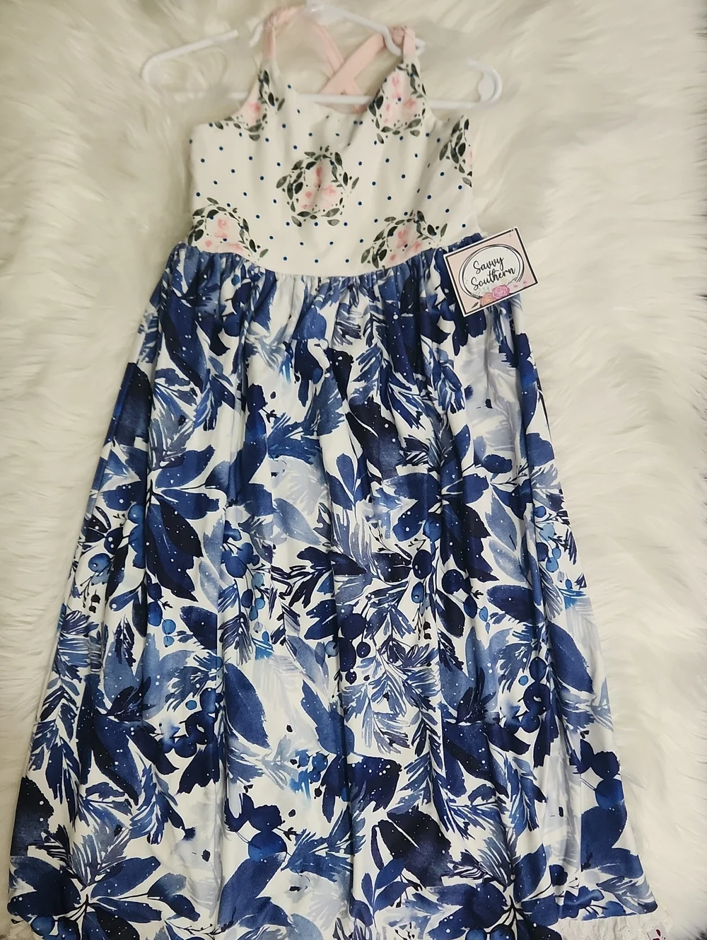 Blue Floral Maxi Dress with Pink Rose Bodice - Girls Size 4 - Brand: Sweet Honey